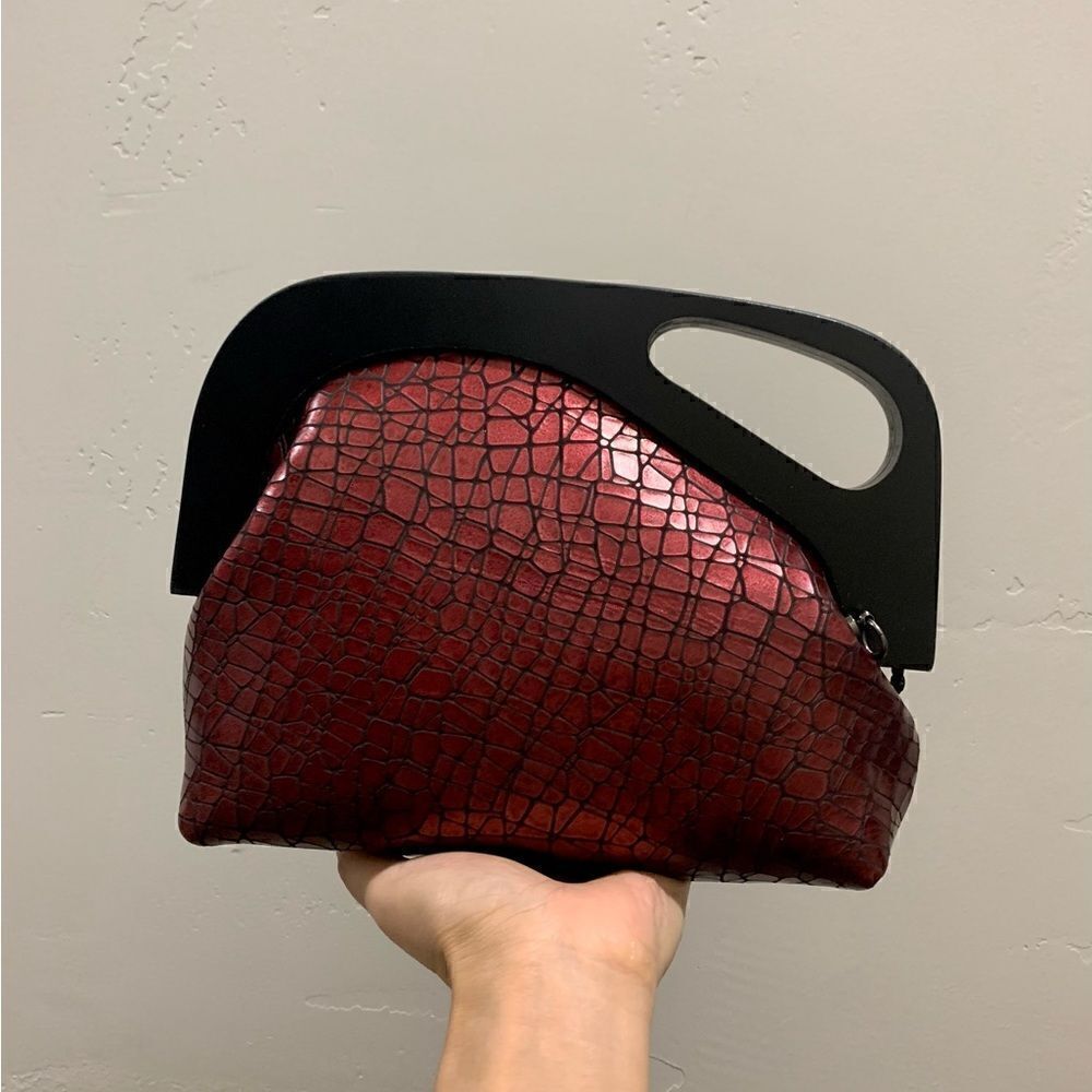 Handmade Genuine Embossed Leather Wooden Frame Hand Clutch/Crossbody/Evening Bag